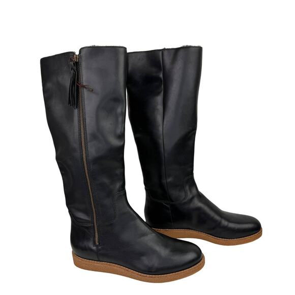 COLE HAAN Women Black Waterproof Leather Side Zip Shearling Knee High Boot 7 NEW - Picture 1 of 7